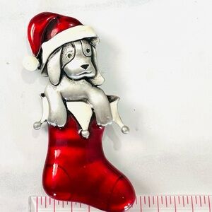 Adorable! Vintage pewter puppy brooch pin in red enamel hat & stocking marked AS